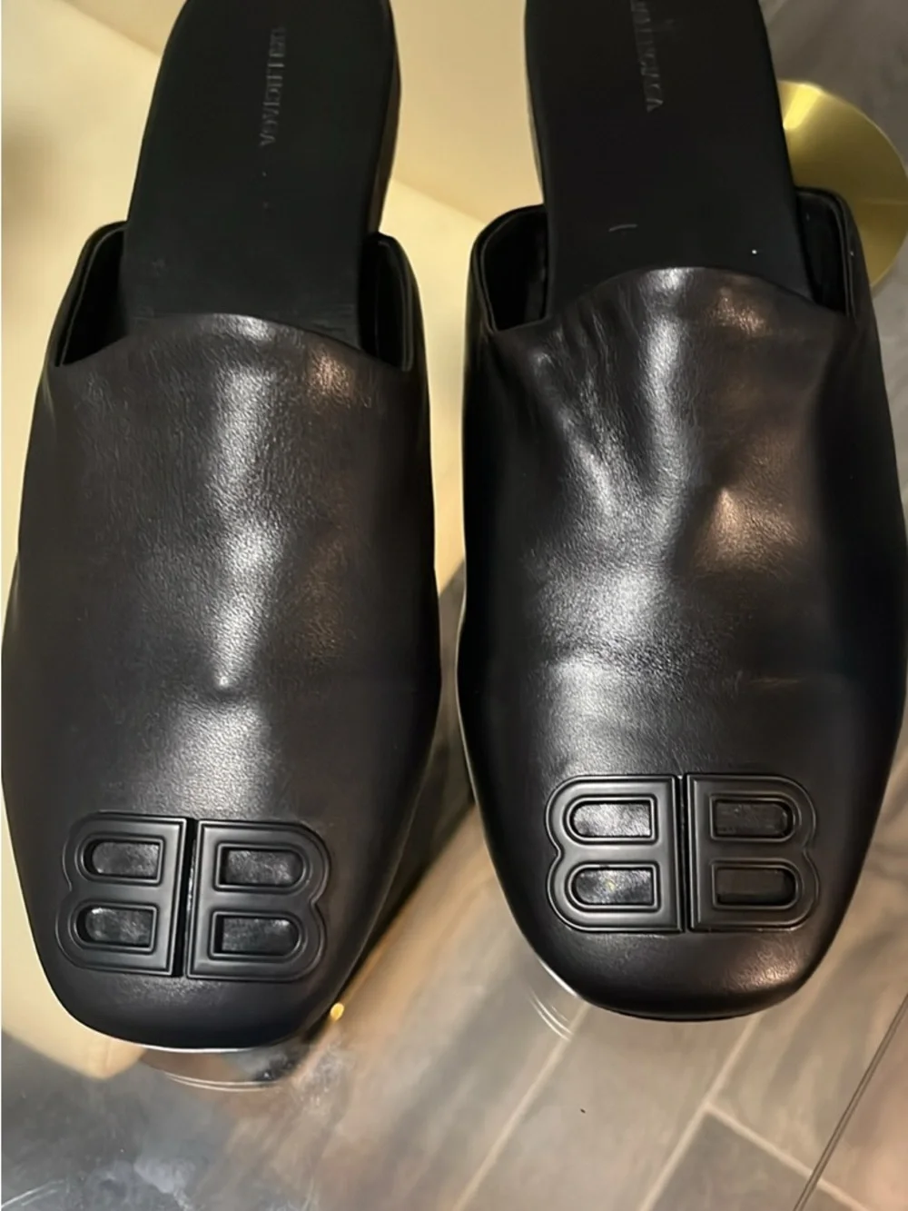 Balenciaga Black Leather Logo Slide Mules - Picture 3 of 4